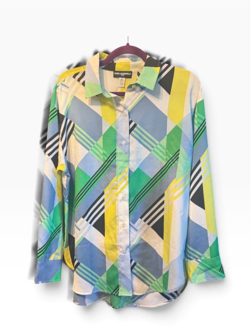 Size M Karl Lagerfeld Button Down Shirt Blue Green White Vibrant Geometric Print
